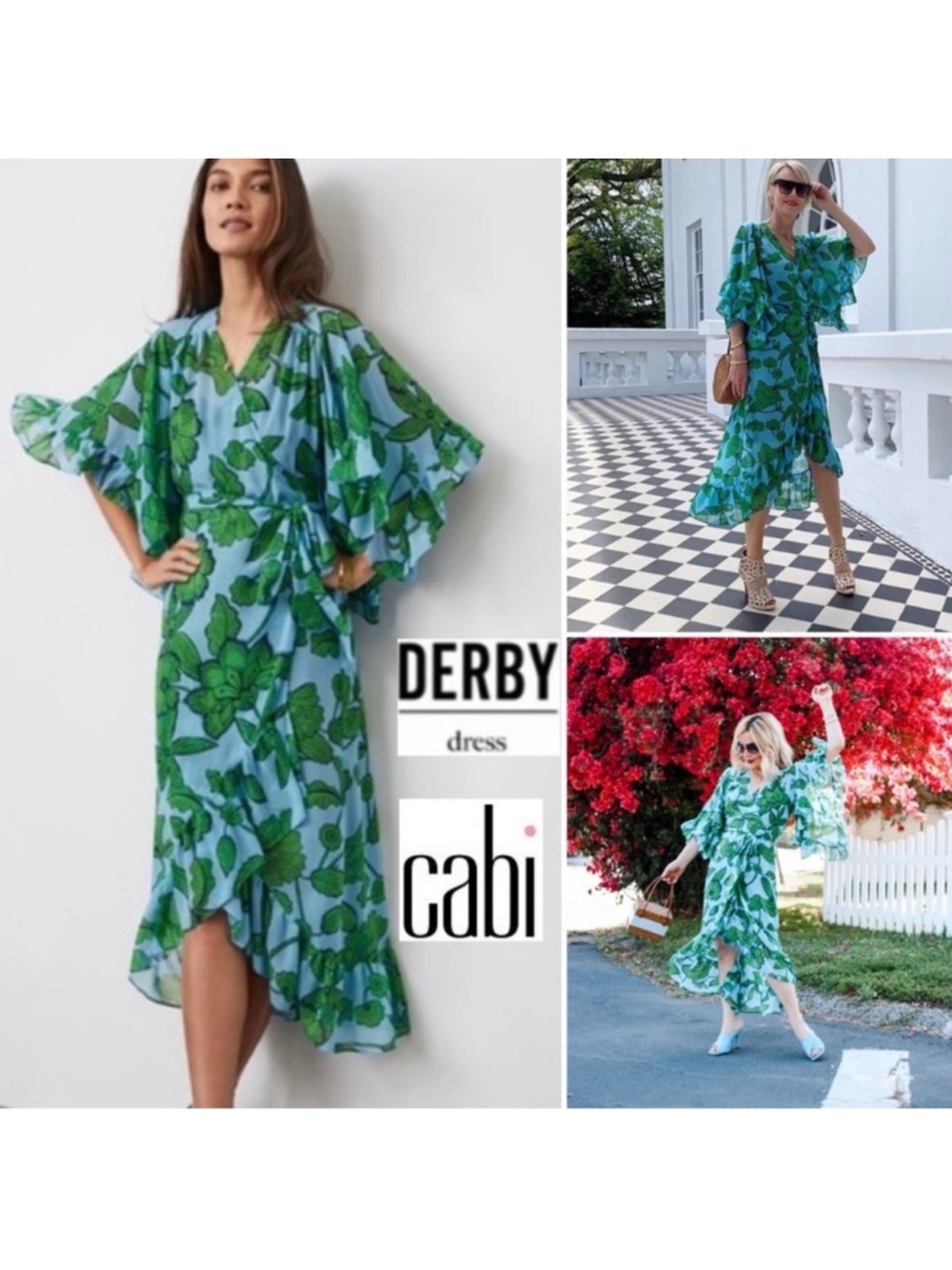 CAbi Derby Floral High-Low Wrap Dress in Blue & Green